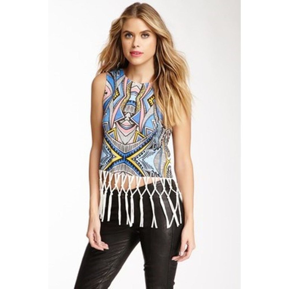 MINKPINK Art Attack FRINGED Blue Multi TANK Top SLEEVELESS ( M )